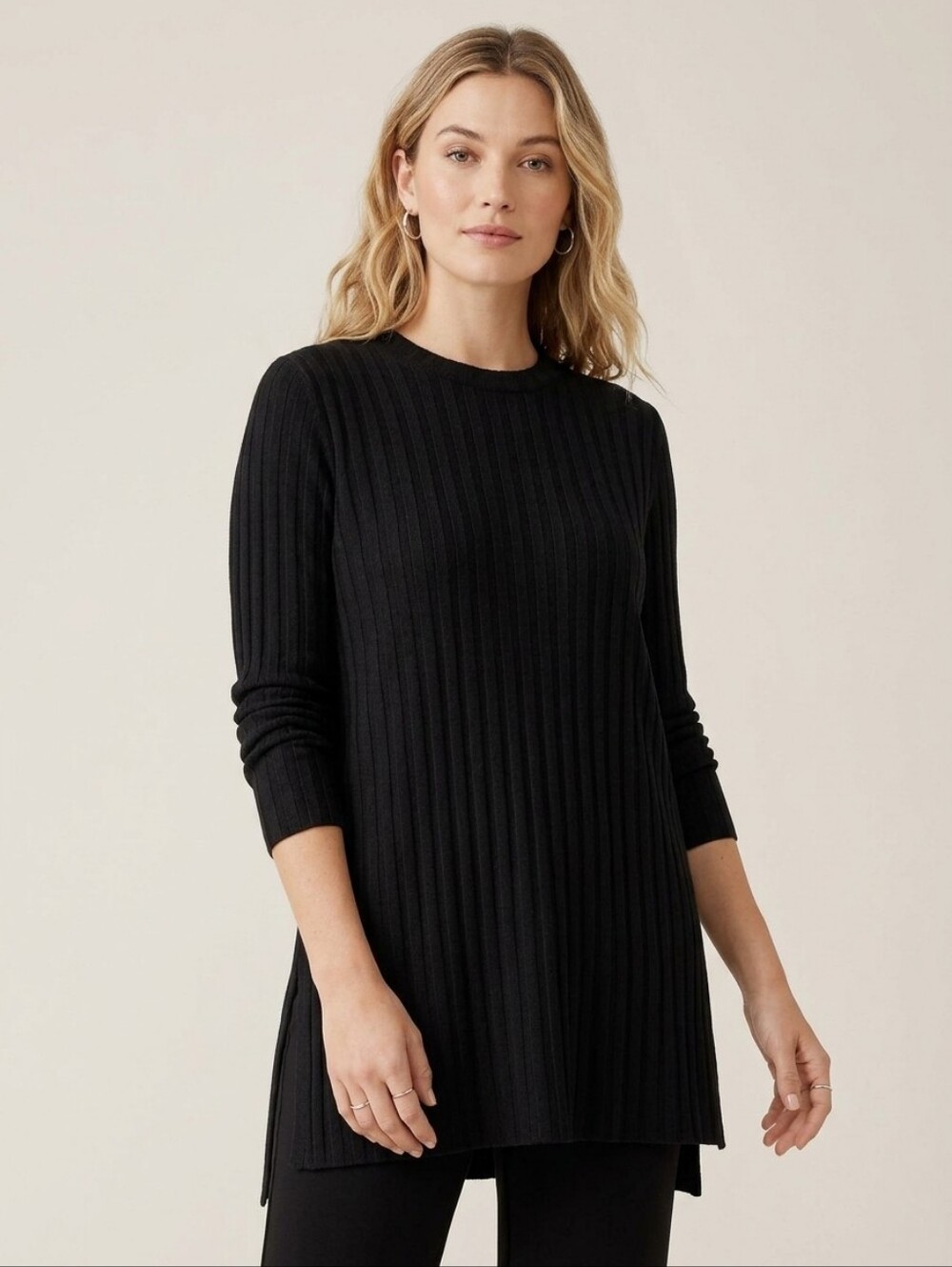 Eileen Fisher Black Ribbed Tencel Knit Crewneck Tunic Top Sweater Size L
